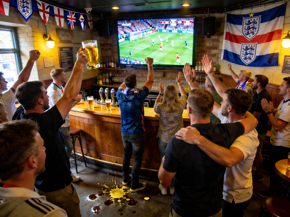 英国体育直播观赛场景：一群人在酒吧通过大屏幕观看足球比赛，气氛热烈
